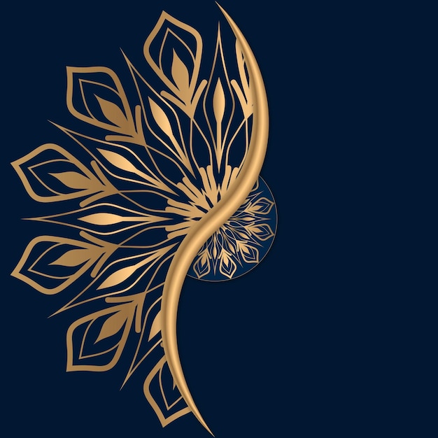 A blue background with a gold peacock feather and a gold flower on the left side.