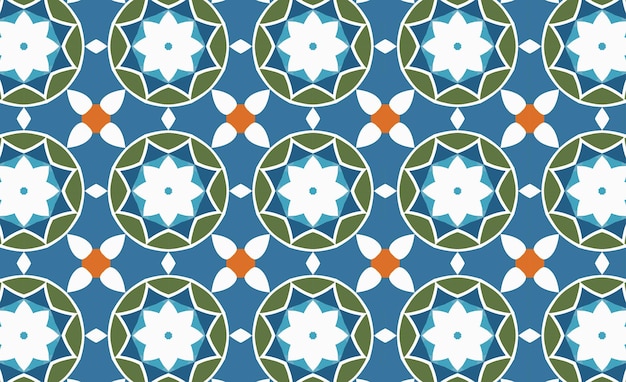 Vector a blue background with a pattern of flowers and a green and white flower