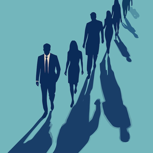 Vector a blue background with people walking in a line