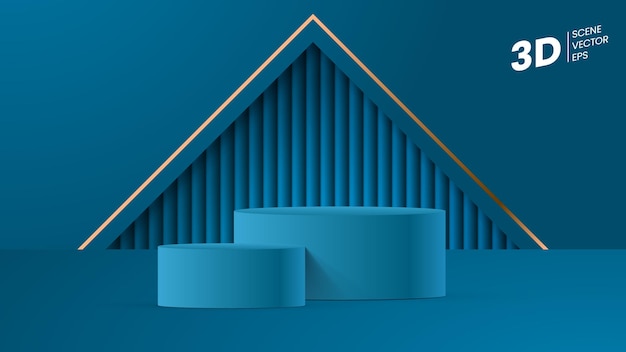 A blue background with a pyramid of podiums and a house with a triangle shaped roof.