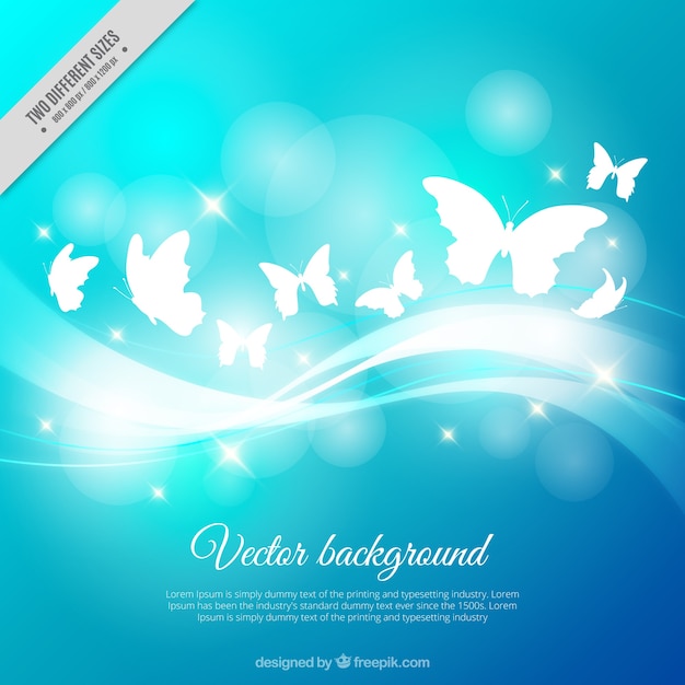 Blue background with shiny butterflies and wavy lines