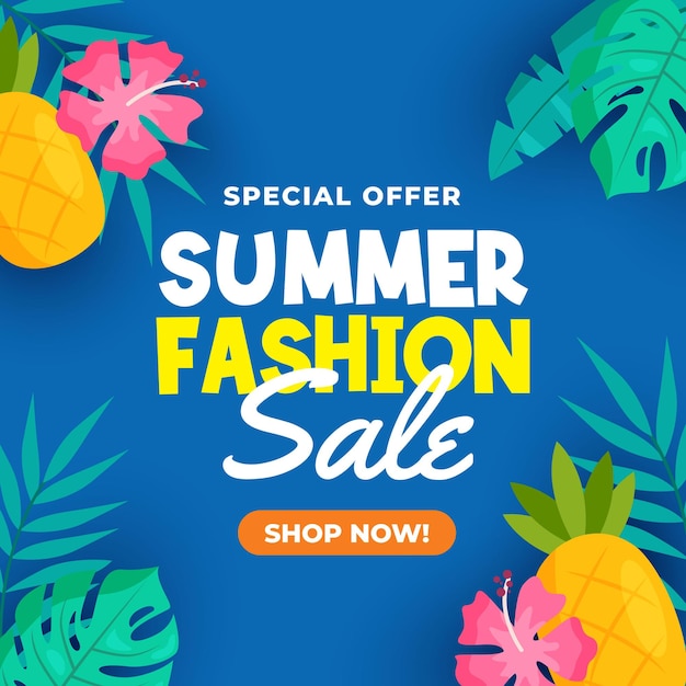 A blue background with tropical leaves and pineapples for a summer fashion sale.