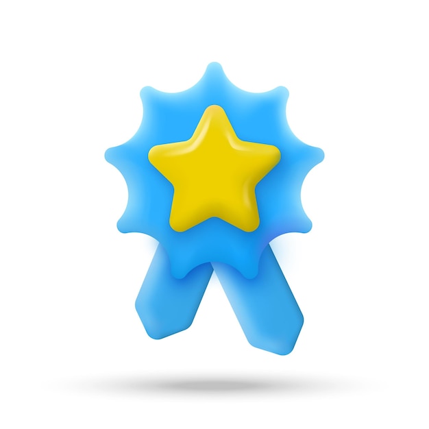 Blue badge with yellow star in 3d cartoon minimal style Guarantee quality and best product icon