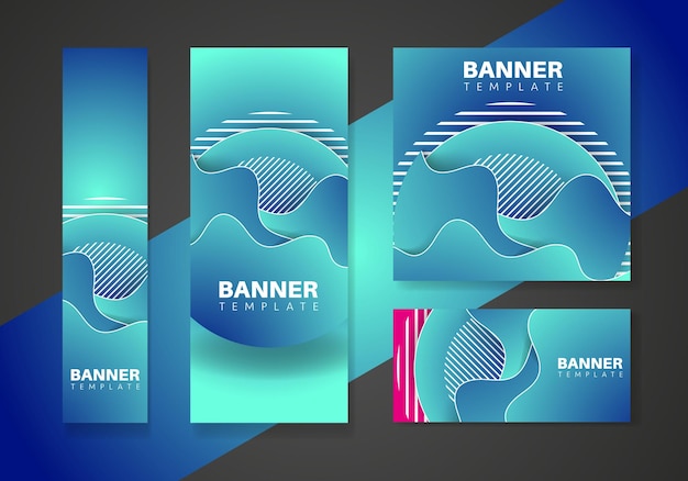 Blue banner set template with flowing liquid shapes, amoeba forms. Abstract dynamic gradient graphic