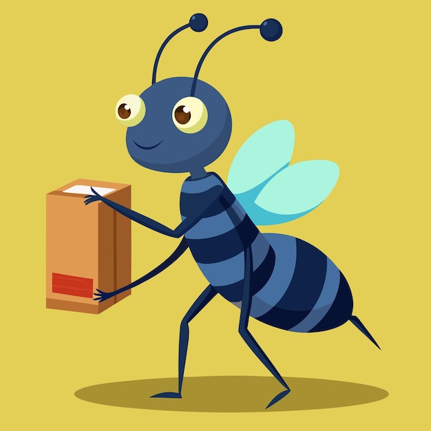 a blue bee with a blue wings holds a box with a bee on it