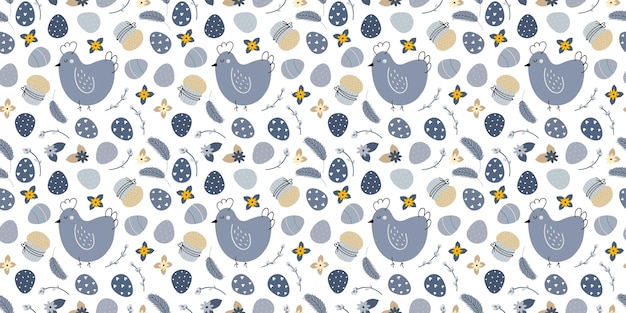 Blue Beige Easter spring seamless pattern with willow twigs and Easter eggs