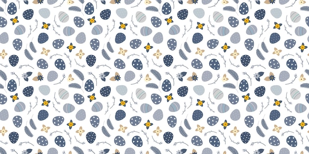 Blue Beige Easter spring seamless pattern with willow twigs and Easter eggs