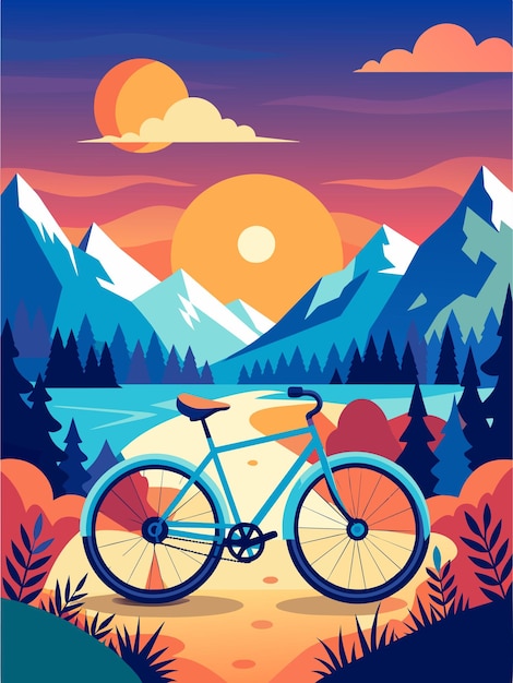 A Blue Bicycle Resting Against a Mountain Sunset