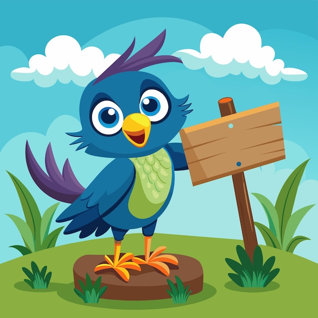 a blue bird standing next to a wooden sign that says quot a wooden sign quot