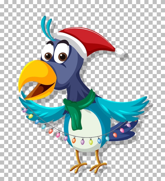 A blue bird wearing Christmas hat