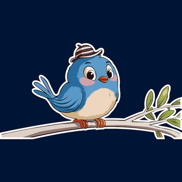 Vector a blue bird with a hat on its head sits on a branch