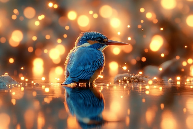 Vector a blue bird with a reflection of lights in the water