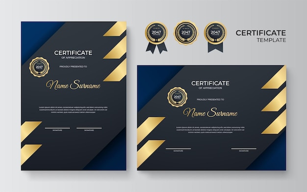 Blue black and gold certificate of achievement border template with luxury badge and modern line pattern For award business award achievement and education needs