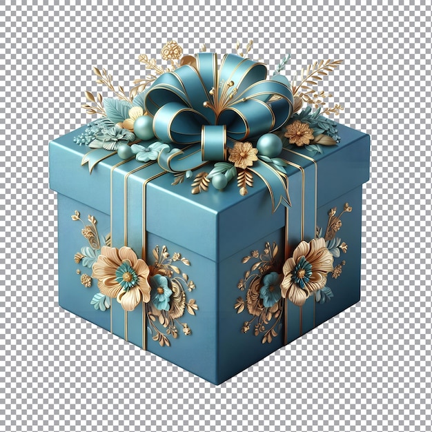 a blue box with a ribbon and flowers on it