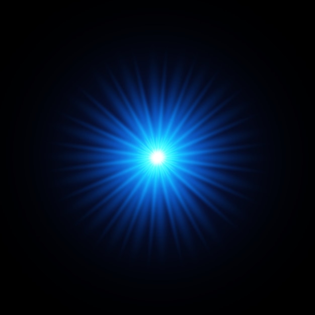 Blue bright Star. Transparent shining sun, bright flash. Blue glowing light explodes on a black background