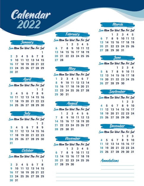 Blue brush 2022 calendar printable template