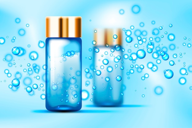 Blue bubbles and parfume glass bottles mockup on abstract space