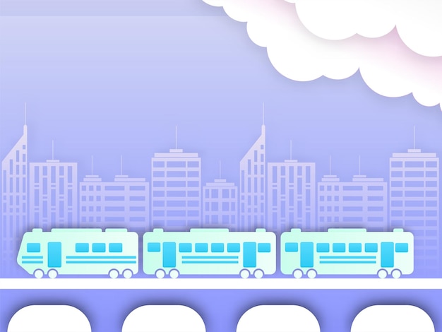 Blue Buildings Background With Paper Cut Clouds And Train Illustration