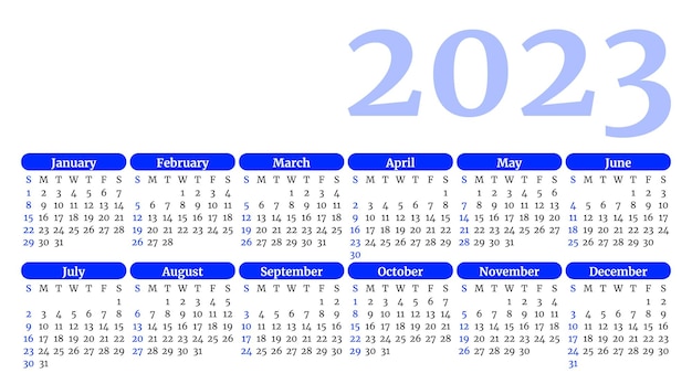 Blue calendar template for 2023 year Week Starts on Sunday