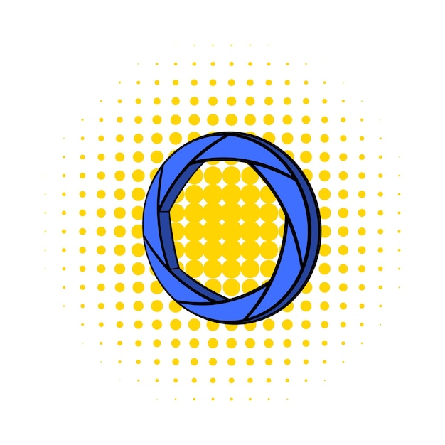 Blue camera aperture icon in comics style on a white background