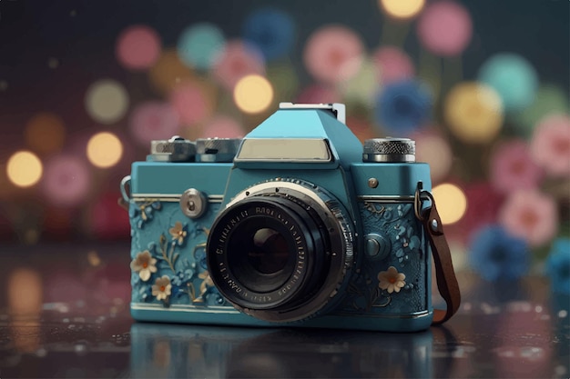 a blue camera with flowers on it is on a table