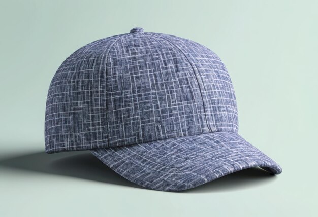 a blue cap with a gray design is on a green background