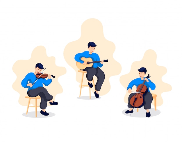 blue cartoon man play a music instrument