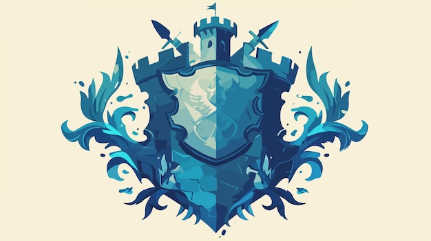 a blue castle with a blue background and a blue shield