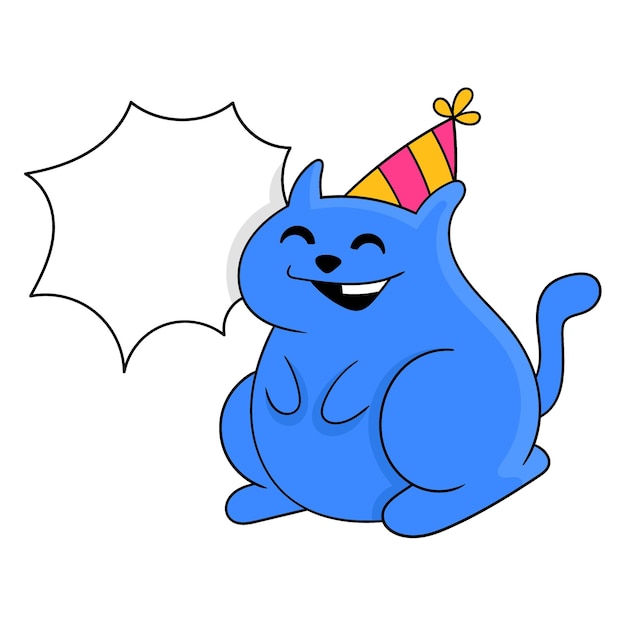 Blue cat celebrates new year text bubble chat doodle icon image kawaii