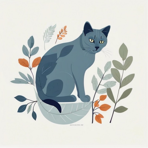 Vector a blue cat is sitting on a round object with plants and flowers