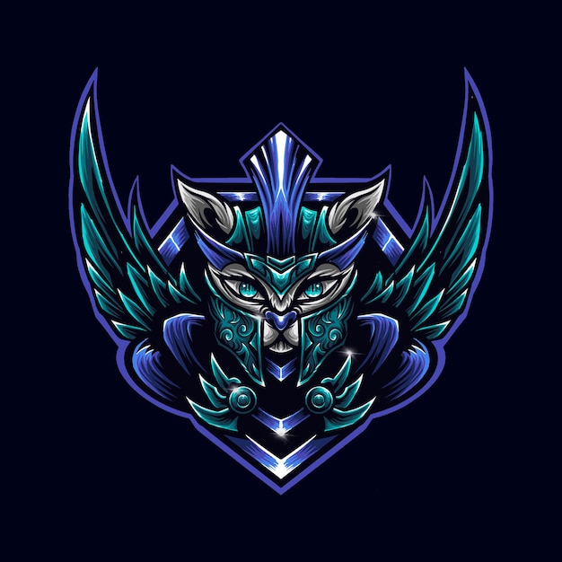 Blue Cat warrior  with wing Logo Mascot Illustrator