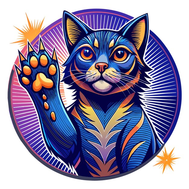 Vector a blue cat with a purple and blue pattern and a blue cat waving