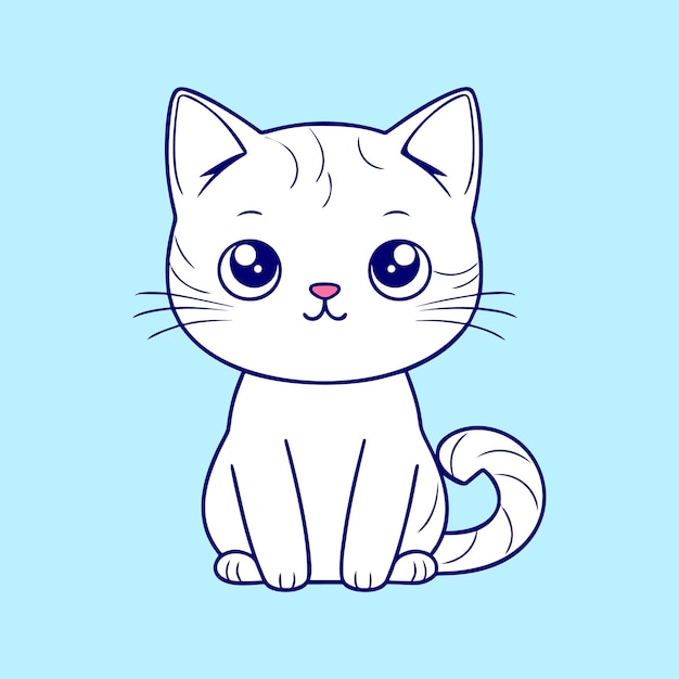 A blue cat with a white tail sits on a blue background.