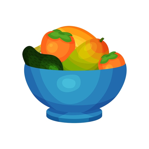 Blue ceramic bowl full of fresh fruits Ripe mango avocado and persimmon Organic and healthy food Flat vector icon