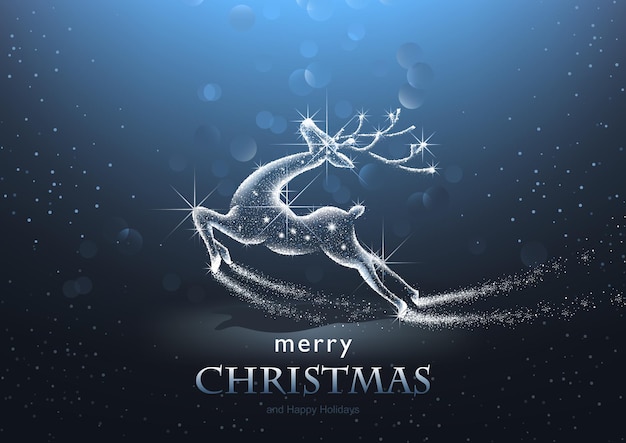 Blue Christmas Background with Glowing and Running Deer