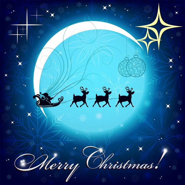 Blue christmas background with moon and santa claus on reindeer