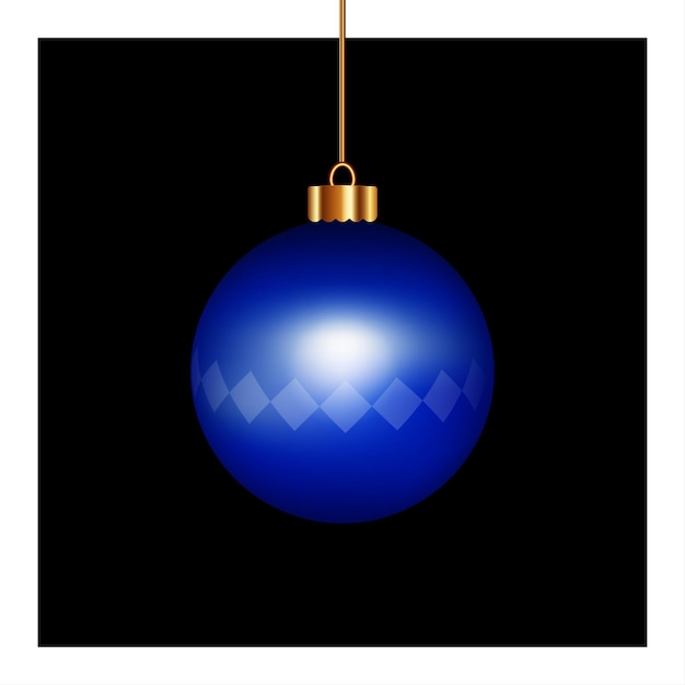 Blue Christmas ball decor with geometric shaped hanging isolated on black background.