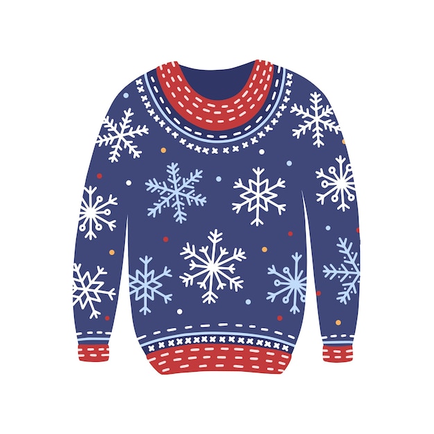 Blue christmas cosiness ugly sweater with snowflakes vector flat illustration. Woolen cozy winter clothes isolated on white background. Knitted apparel with decorative snow in cartoon style.