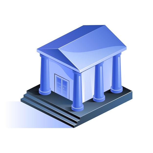 Blue classic bank building or courthouse icon in isometric view