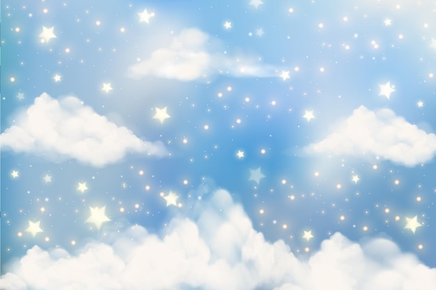 Blue cloudy sky with stars Beautiful fluffy space Nature environment background Vector illustration