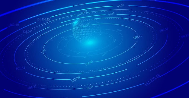 Blue coil starry orbit with planet, Internet technology vector background.