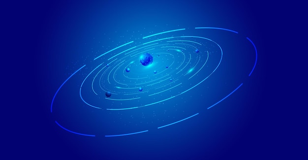 Blue coil starry orbit with planet, Internet technology vector background.