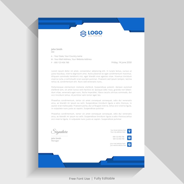 Blue color abstract business style letterhead template in a4 size