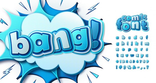 Blue comics font, multilayer alphabet in style of pop art. Letters on comic book page with speech bubbles and explosions