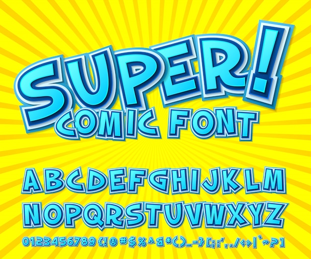 Blue comics font. Multilayer cartoonish alphabet in pop art style on yellow background.