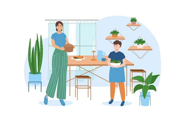 Blue concept kitchen with people scene in the flat cartoon design