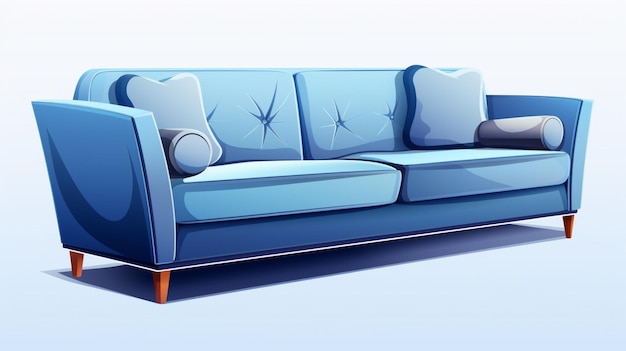 a blue couch with pillows on it and a blue sofa with a white pillow on the back