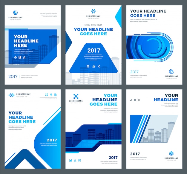 Blue cover for annual reports design templates set