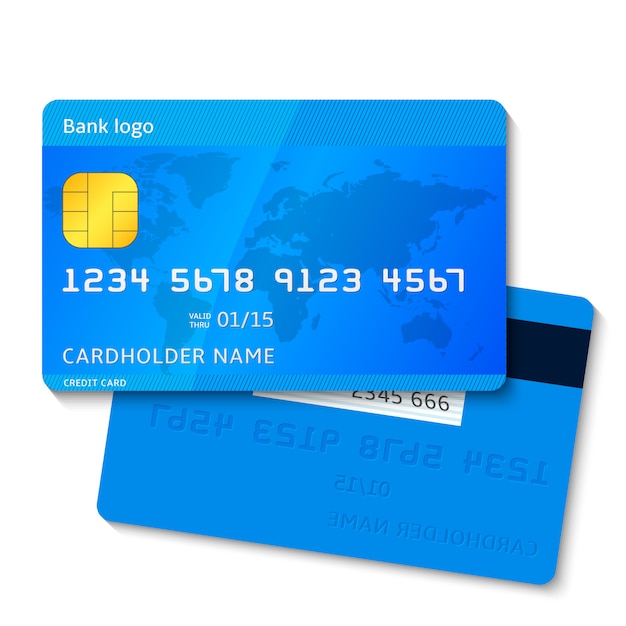 Blue credit cards with text and world map