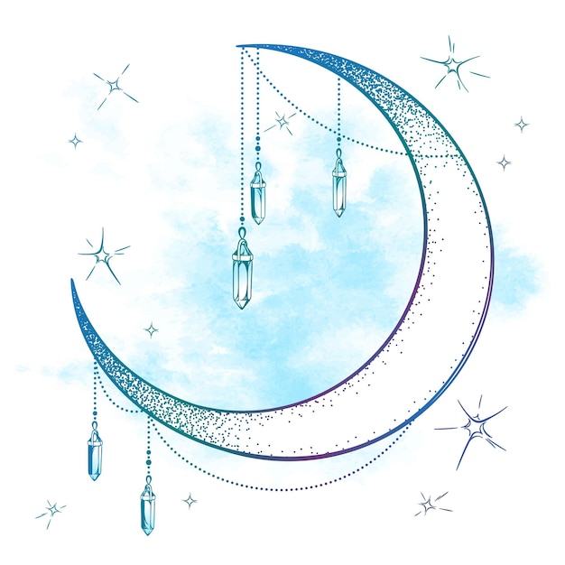 Blue crescent moon with moonstone gem pendants and stars vector illustration boho style art